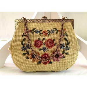 Vintage 60's Needlepoint Floral Embroidered Tapestry Purse Handbag Clutch MCM